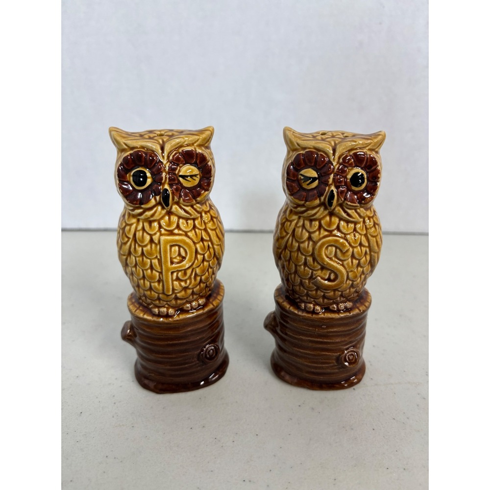 Vintage Winking Owl Salt and Pepper Shakers Brown Ceramic Woodland Bird Set